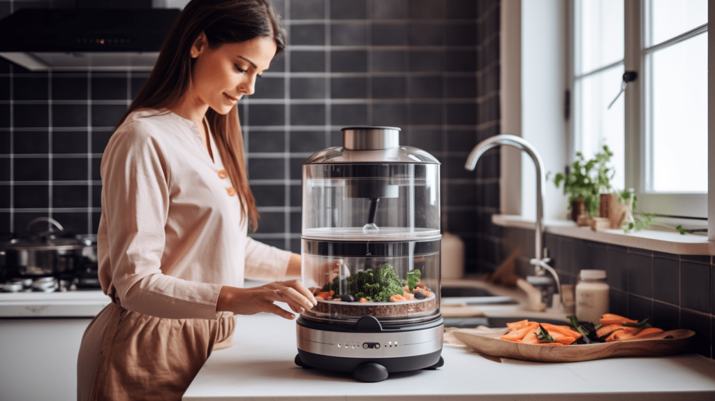 a lady testing a food steamer in a kitchen