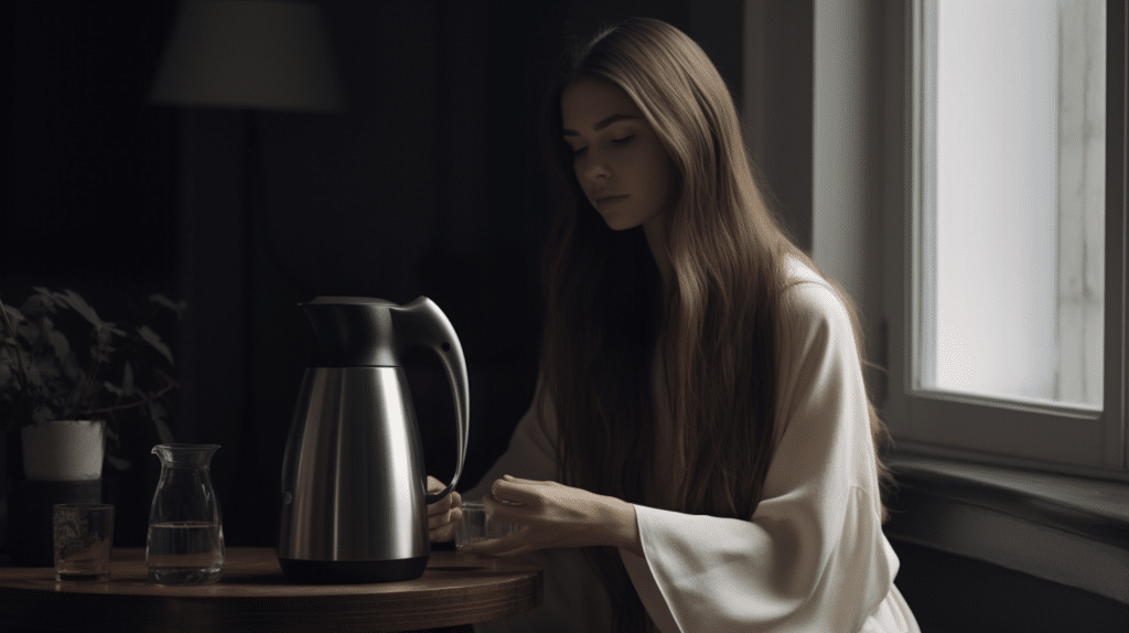 a lady testing a travel kettle