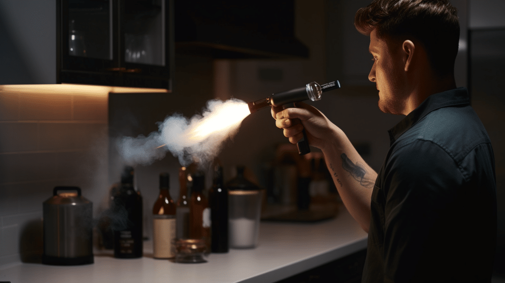 a man testing out a kitchen blow torch