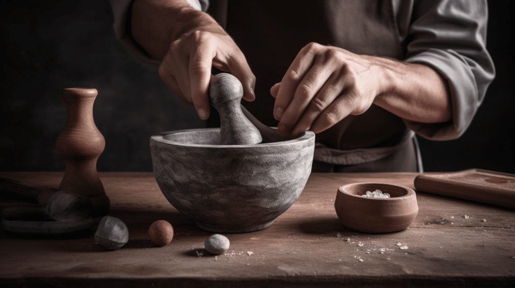 a man testing out a pestle and mortar set