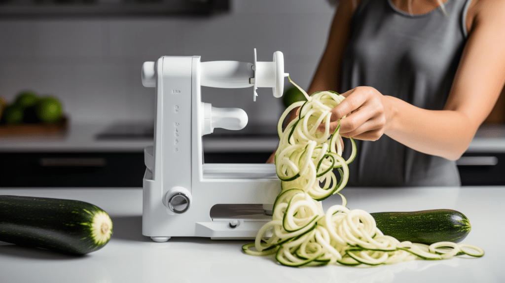 a woman testing a spiralizer in a kitchen